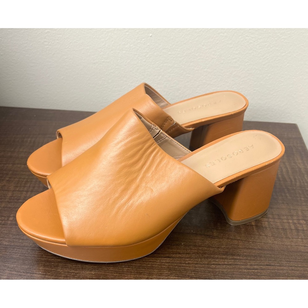 Aerosoles Tan Leather Platform Block Heel Peep Toe Mules Slide Sandals Size 7